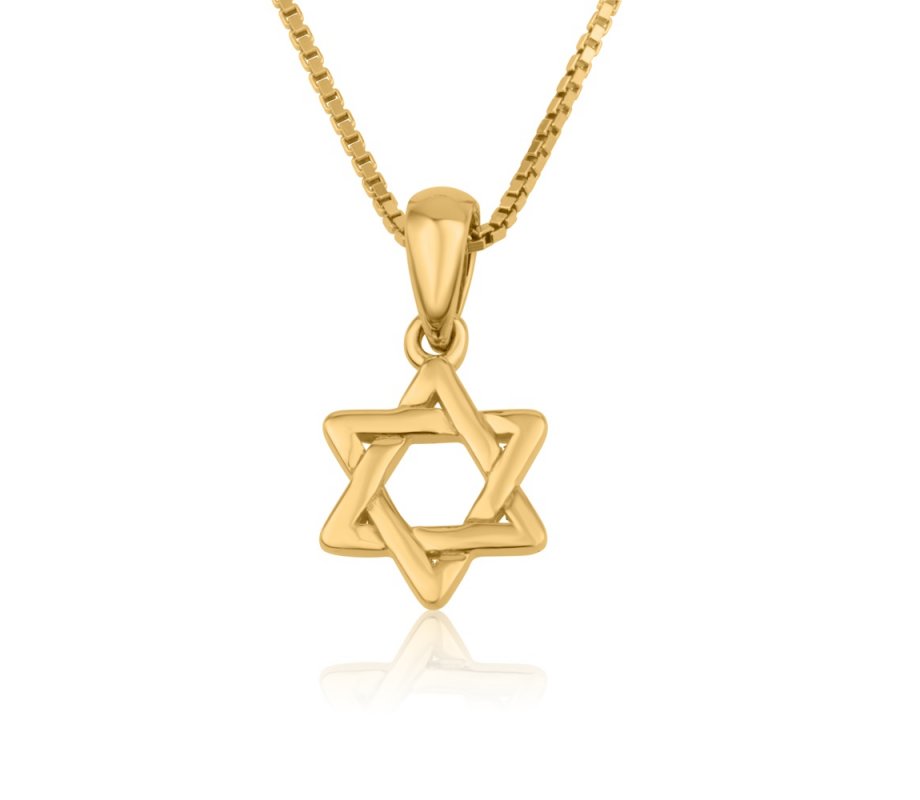 14K Solid Gold Pendant Necklace with Star of David, Smooth Finish