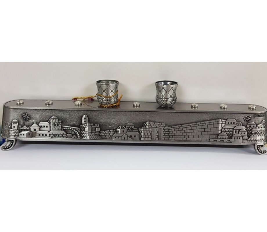 2-in-1 Pewter Plated Menorah, Jerusalem Engraving - Shabbat Lights on Reverse