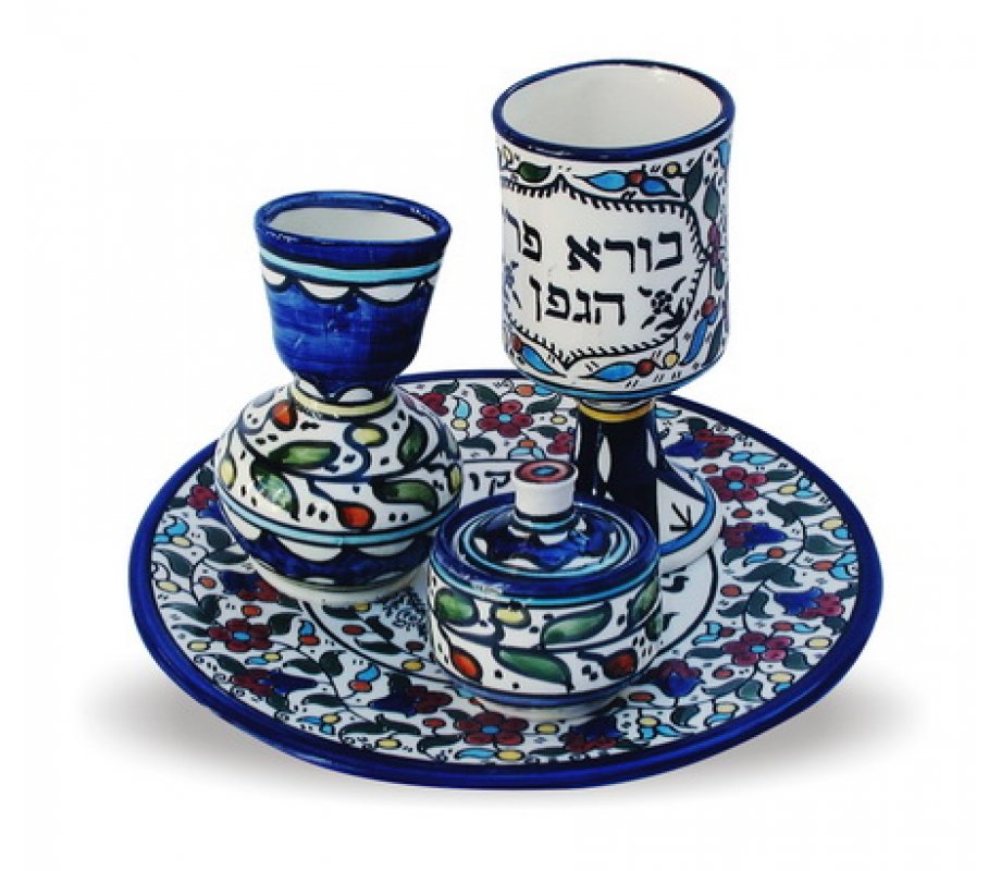 4-Piece Ceramic Armenian Havdalah Set - Colorful Blue Flowers