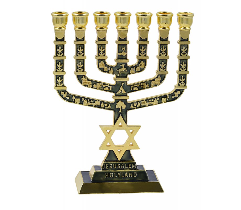7 Branch Menorah Jerusalem & Judaic Images & Star of David, Dark Green - 9.5