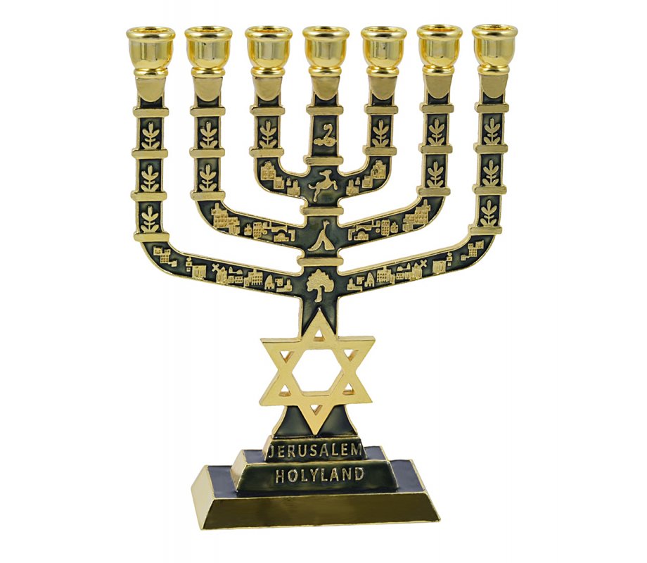7 Branch Menorah Jerusalem & Judaic Images & Star of David, Dark Green - 9.5