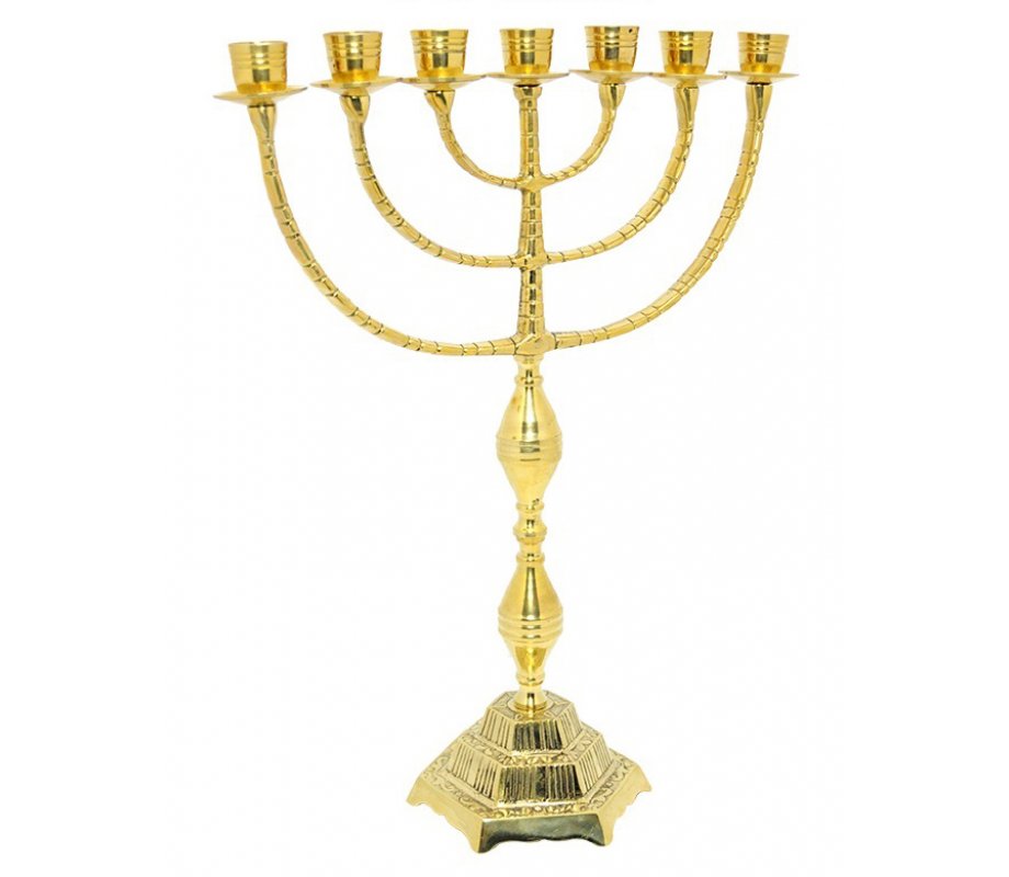 7 Branch Menorah in Gleaming Gold Brass, Decorative Design - 16