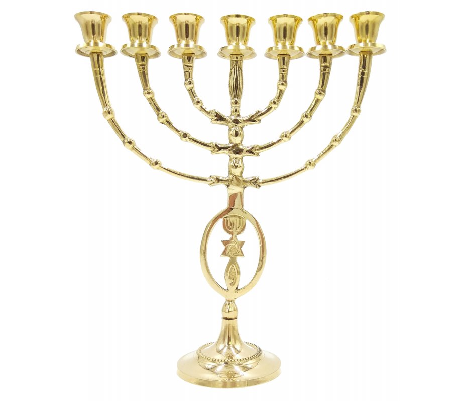 7 Branch Menorah with Oval Framed Menorah Grafted In Design, Gold Brass - 12