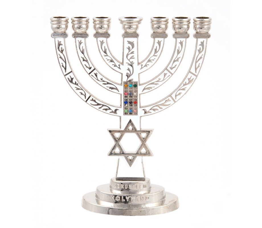 7-Branch Menorah, White on Silver with Breastplate and Star of David 5.2