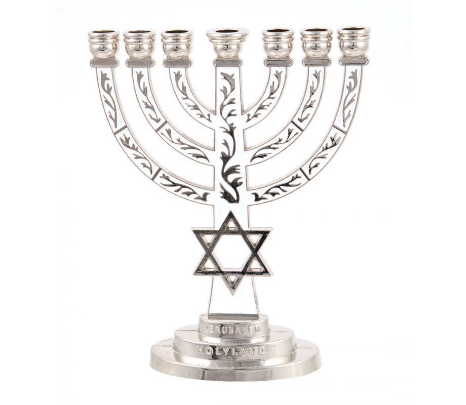 7-Branch Menorah, White on Silver with Breastplate and Star of David 5.2