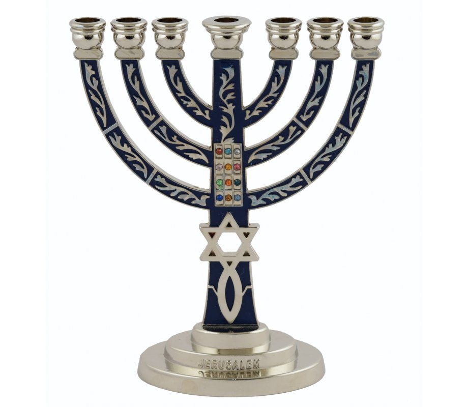 7-Branch Menorah with Star of David, Breastplate & Fish, Blue and Silver.