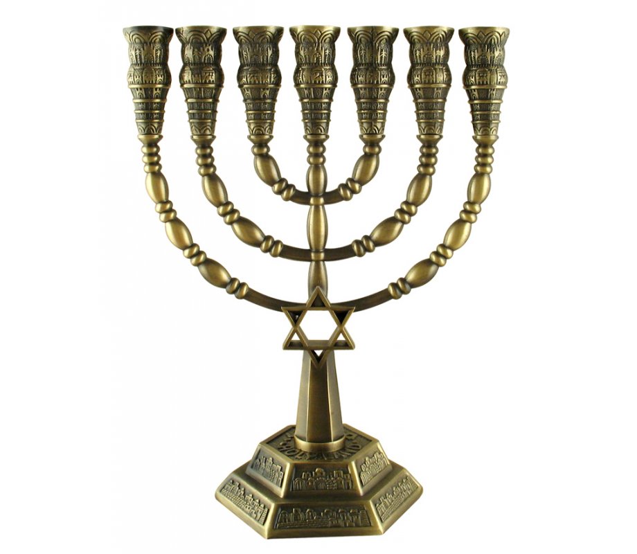 7-Branch Menorah with Star of David and Jerusalem Images, Bronze – 9.4 or 6”