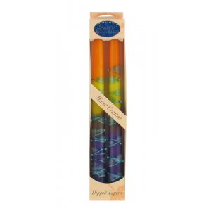Pair of Galilee Handcrafted Decorative Taper Candles - Purple, Yellow and Orange