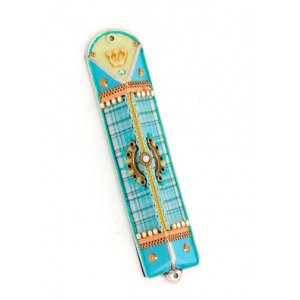 Turquoise Checker Triangular Mezuzah Case - Ester Shahaf