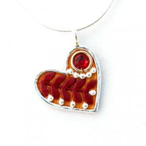 Silver Heart Pendant with Red Leaf Design by Ester Shahaf