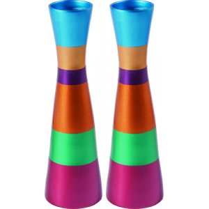 Yair Emanuel Anodized Aluminum Slender Shabbat Candlesticks - Colored Bands