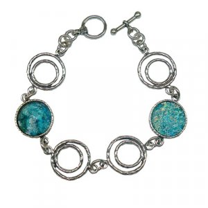 Michal Kirat Sterling Silver Bracelet, Circular Roman Glass Shards and Coil Links