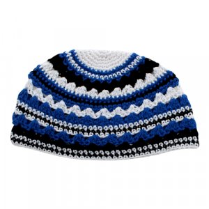 Frik Kippah  Thick Crocheted Weave of Black Blue and White Stripes