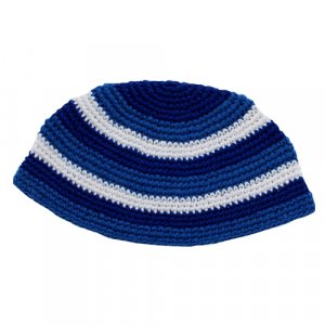 Frik Kippah  Thick Crocheted Weave of White and Shades of Blue Stripes