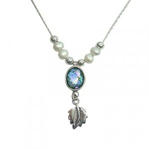 Michal Kirat Freshwater Pearls on Silver Chain with Roman Glass Pendant and Decorative Leaf