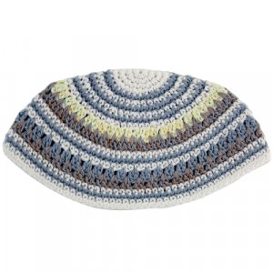Frik Kippah  Thick Crocheted Weave of White, Blue, Gray and Yellow Stripes