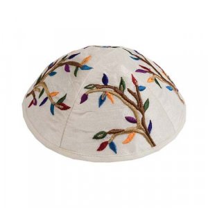 Yair Emanuel Embroidered Kippah, Tree of Life Design - Colorful on Cream