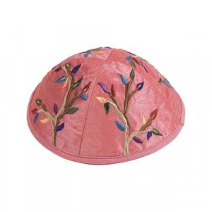 Yair Emanuel Embroidered Kippah, Tree of Life Design - Colorful on Pink