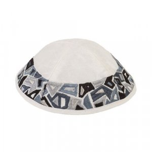 Yair Emanuel Embroidered Kippah, Black and Gray Geometric Shapes on Cream