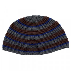 Frik Kippah  Thick Crocheted Weave of Gray, Brown and Royal Blue Stripes