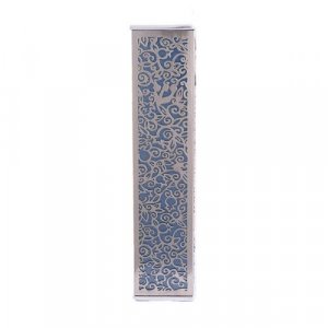 Yair Emanuel Wide Mezuzah Case, Cutout Pomegranates and Flowers - Blue