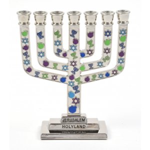 Decorative Mini 7-Branch Menorah with Colorful Judaic Symbols - 3.9" Height