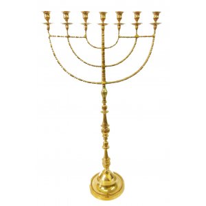 Giant Sized 7-Branch Menorah, Gold Colored Brass with Decorative Spheres - 39"