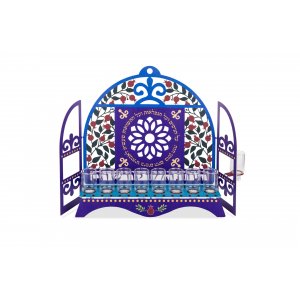 Dorit Judaica Window Menorah with Pomegranates and Hebrew Song Words - For Oil