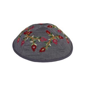 Yair Emanuel Kippah � Embroidered Red Pomegranates on Gray