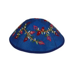 Yair Emanuel Kippah � Embroidered Red Pomegranates on Royal Blue