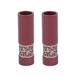 Yair Emanuel Small Shabbat Candlesticks, Silver Pomegranate Band - Maroon