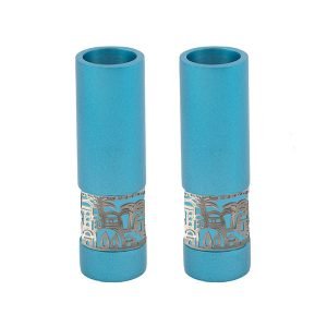Yair Emanuel Small Shabbat Candlesticks, Silver Jerusalem Band - Turquoise