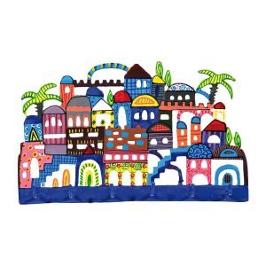 Yair Emanuel Hand Painted Wall Hanging with Key Holder - Colorful Jerusalem