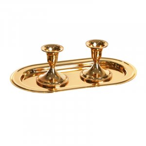 Set - Small Gold Shabbat Candlesticks on Oval Tray - Height 2.8"