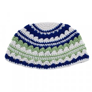 Frik Kippah  Thick Weave of Crocheted White, Blue and Green Horizontal Stripes