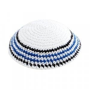White Knitted Kippah with Blue, Black and White Border Stripes