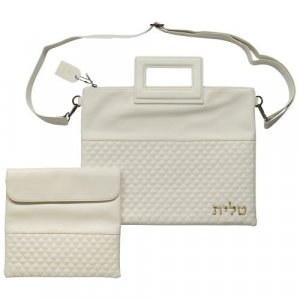 Faux Leather Tallit and Tefillin Bag Set with Shoulder Strap and Handle � White with Gold Letters