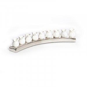 Nickel Plated Chanukah Menorah � White Pomegranate Shaped Candle Holders