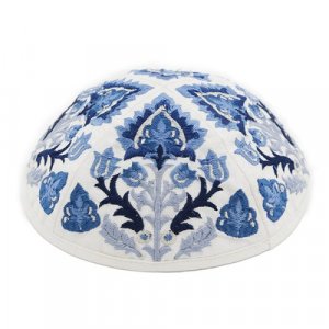 Yair Emanuel Cotton Poly Kippah with Embroidered Oriental Nature Design  Blue