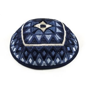 Yair Emanuel  Kippah with Silk Embroidered Geometrical Shapes in Shades of Blue