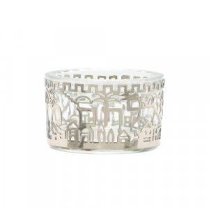 Yair Emanuel Glass Salt Dish with Metal Cutout Jerusalem Design  Silver