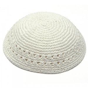 Crocheted White Knitted Kippah with Border Design
