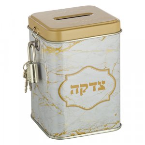 Low Cost Metal Charity Box with Lock and Key � Gold and White Marble Design