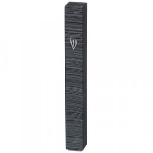 Dark Gray Plastic Mezuzah Case with Fine Gray Stripes, Silver Shin  Three Sizes