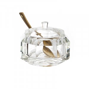 3 Piece Crystal Diamond Faceted Honey Dish for Rosh Hashanah � Lid and Spoon