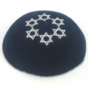 Navy Blue Knitted Kippah with Embroidered Silver Stars of David Decoration