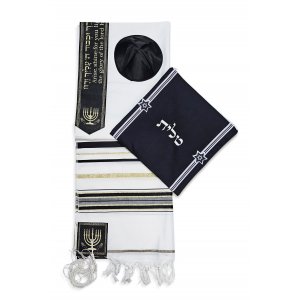 Ateret Acrylic Tallit Set, Menorah Motif and Bible Words - Black and Gold Stripes