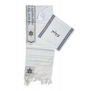 Ateret Acrylic Tallit Set, White Stripes and Silver Neckband, Star of David Motif