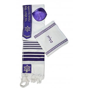 Ateret, Acrylic Purple Tallit Set, Menorah & Star of David Motif, Gold Neckpiece