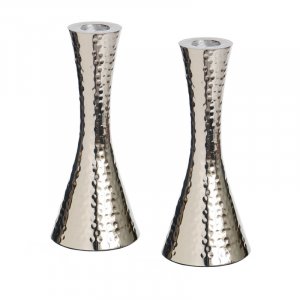 Cone Shaped Shabbat Candlesticks in Nickel Plated Hammered Aluminum � Silver